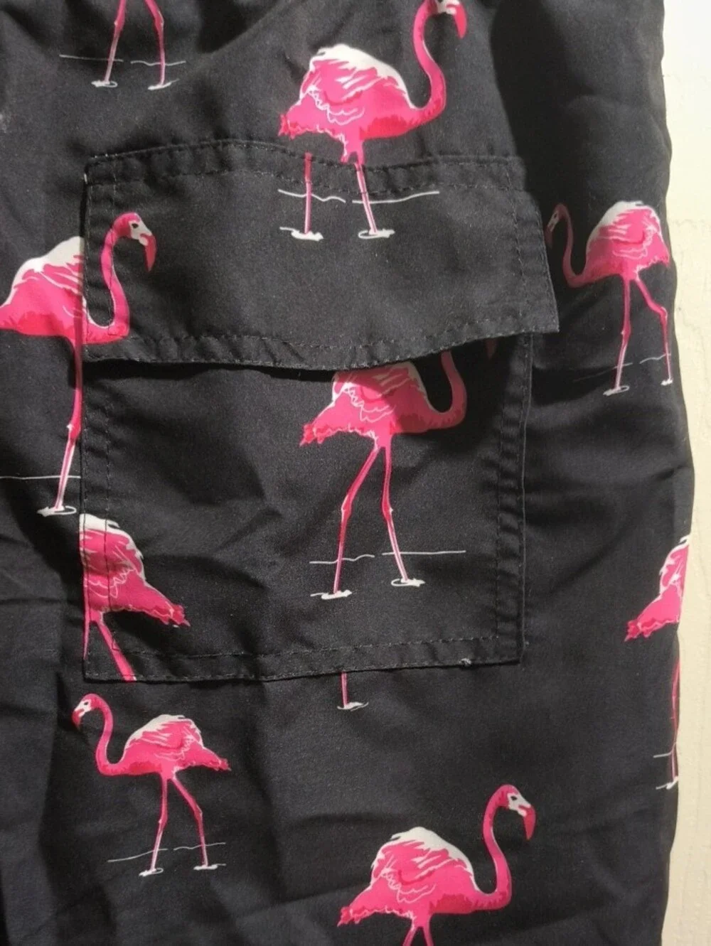 Men's Black Swim Shorts with Pink Flamingo Print